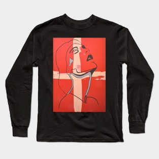 Womans face outline on red ground Long Sleeve T-Shirt